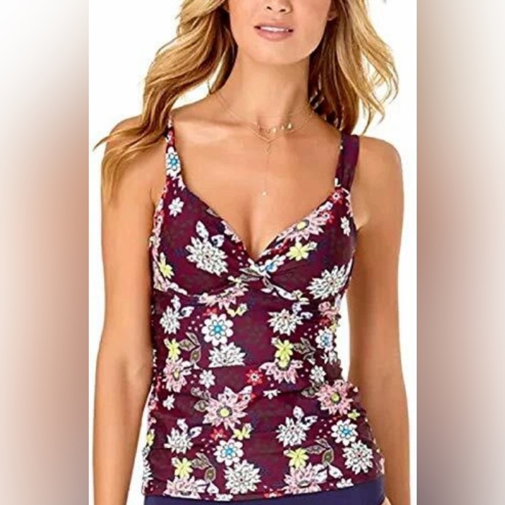 Anne Cole floral twist front underwire tankini top - size 36D/34DD